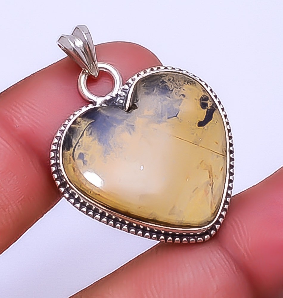 Honey Dendritic Opal – Mexico 925 Sterling Silver Pendant 1.56″ P12 Gift for her
