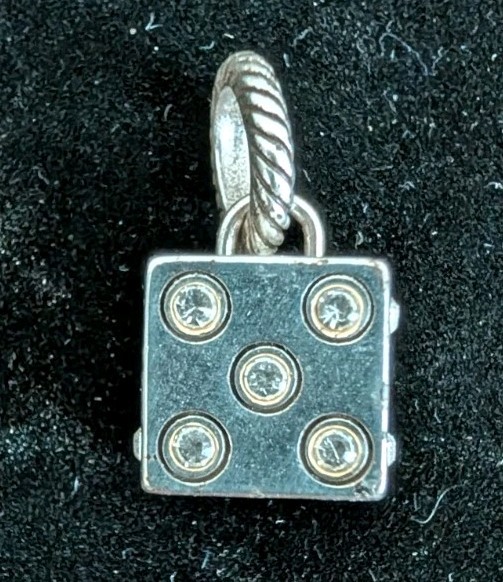 Silver Tone Lucky Dice Cube Charm Pendant Crystal Pips Twisted Cable Bail