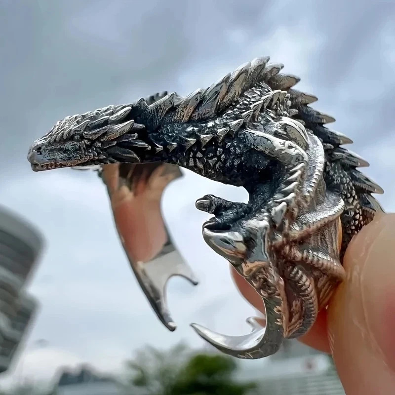 New Vintage Gothic Punk Dragon Ring Adjustable Pterosaur Wings Retro Silver Men’