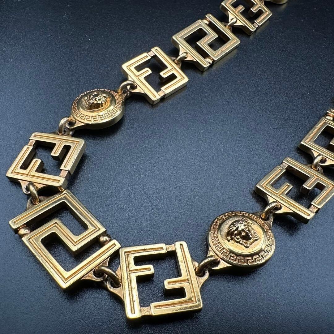 FENDACE Fendi Versace Gold Statement Logo Necklace Boxed Unisex 17.7in 2159