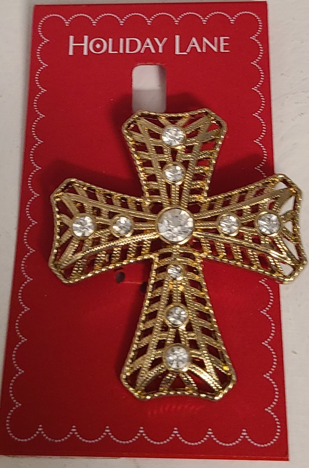 Holiday Lane Gold Tone Crystal Cross Pin Christmas Easter 2 3/8″ x 2″