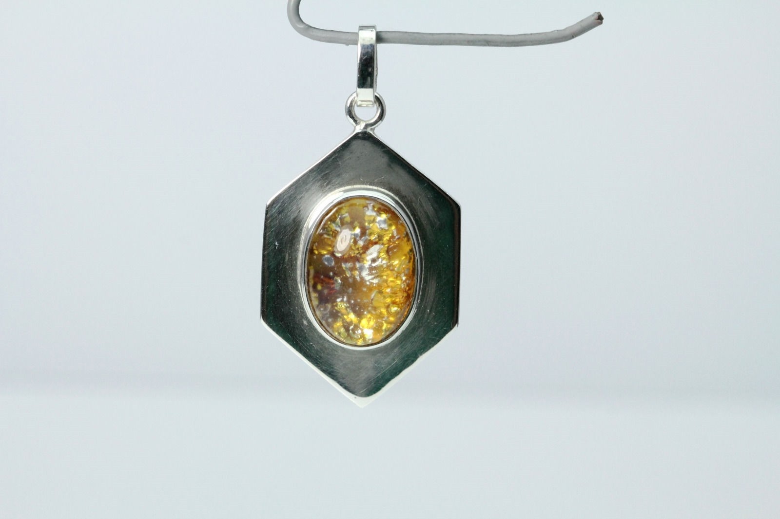925 Sterling Silver Hexagon Pendant with Yellow/Orange Stone 11.3 Grams PEN3384