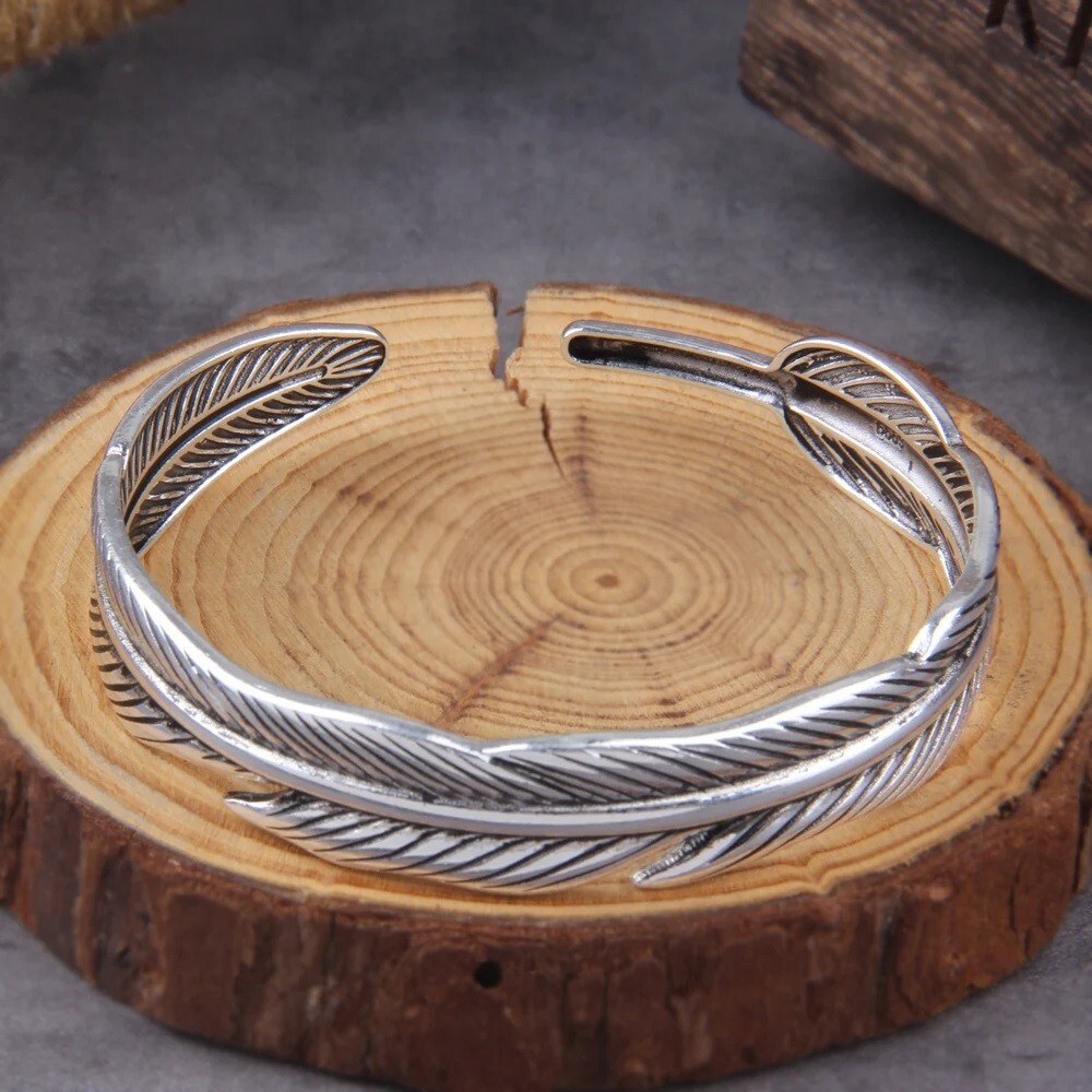 Retro Vintage Feather Cuff Bracelet Silver Alloy Steel Wrist Bangle Jewelry Gift
