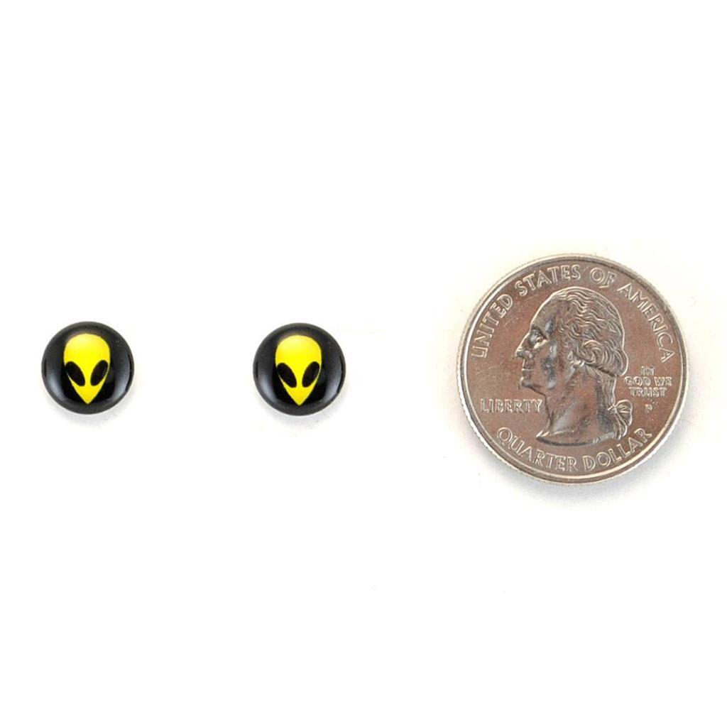 STAINLESS STEEL POST EARRINGS ALIEN FACE 10mm UFO Roswell Yellow Black Pair Stud