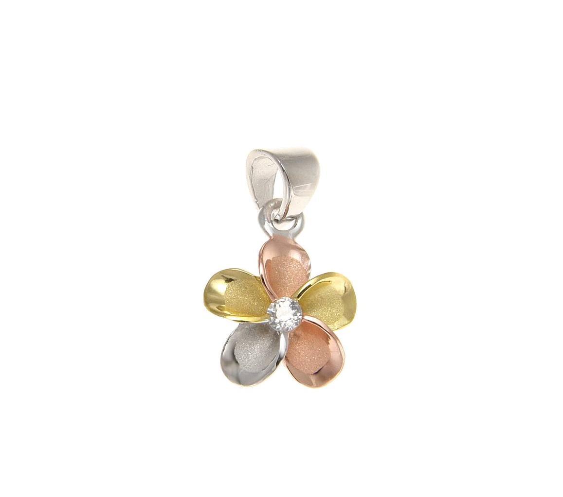 YELLOW ROSE GOLD SILVER 925 TRICOLOR HAWAIIAN PLUMERIA PENDANT CZ 10MM – 30MM