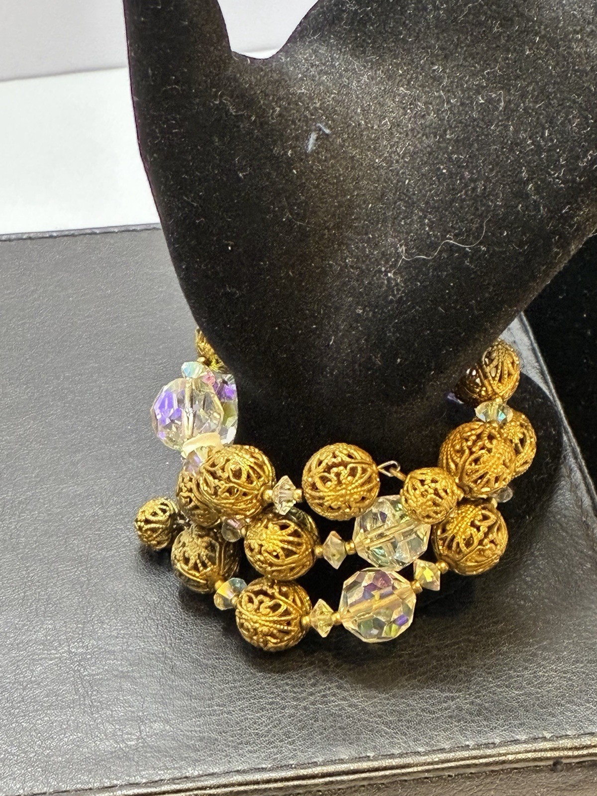 Vintage 16″ Aurora Borealis Crystal & Gold Filigree Choker & Bracelet Set