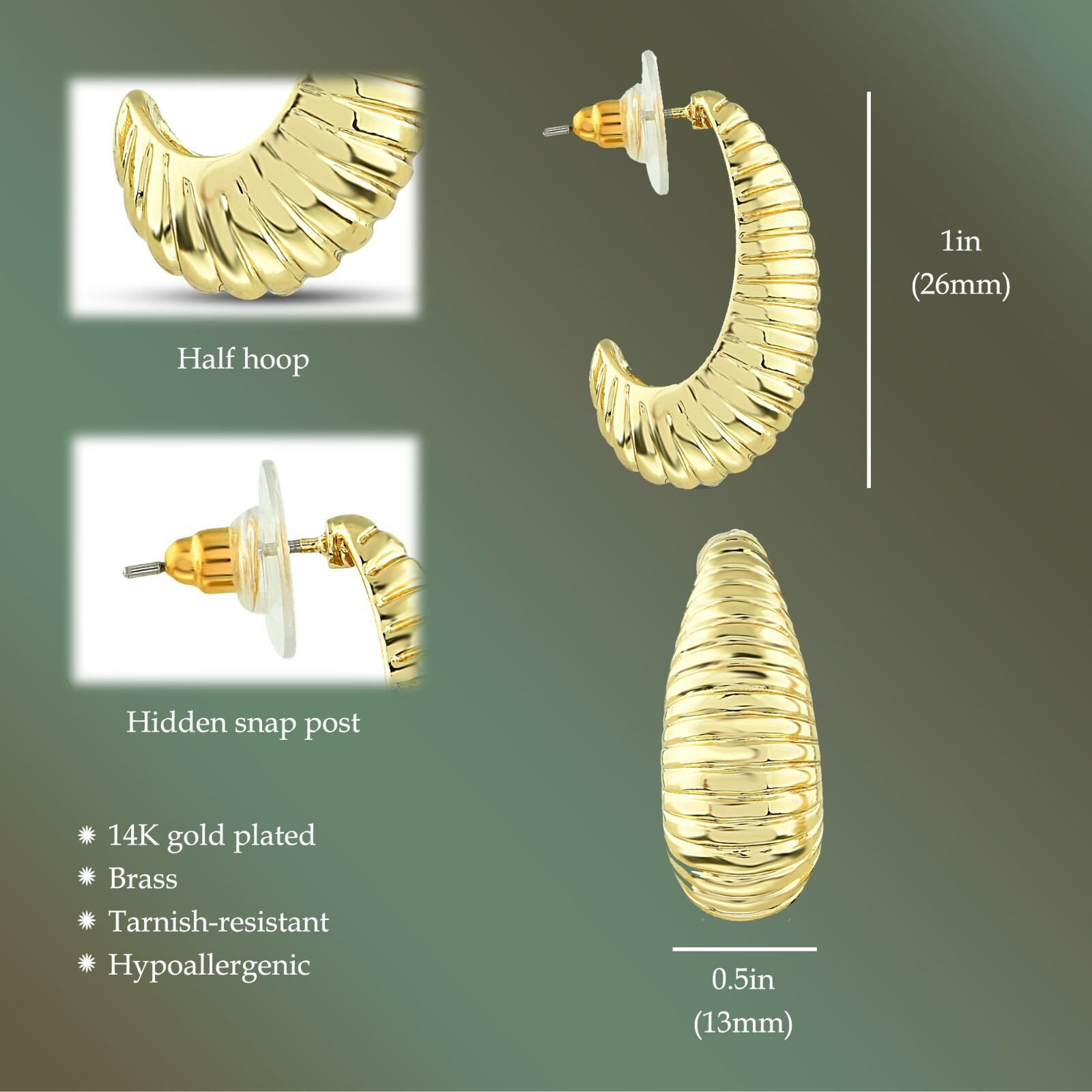 Shrimp C-Hoop Striped Gold Plated Earrings 26mm