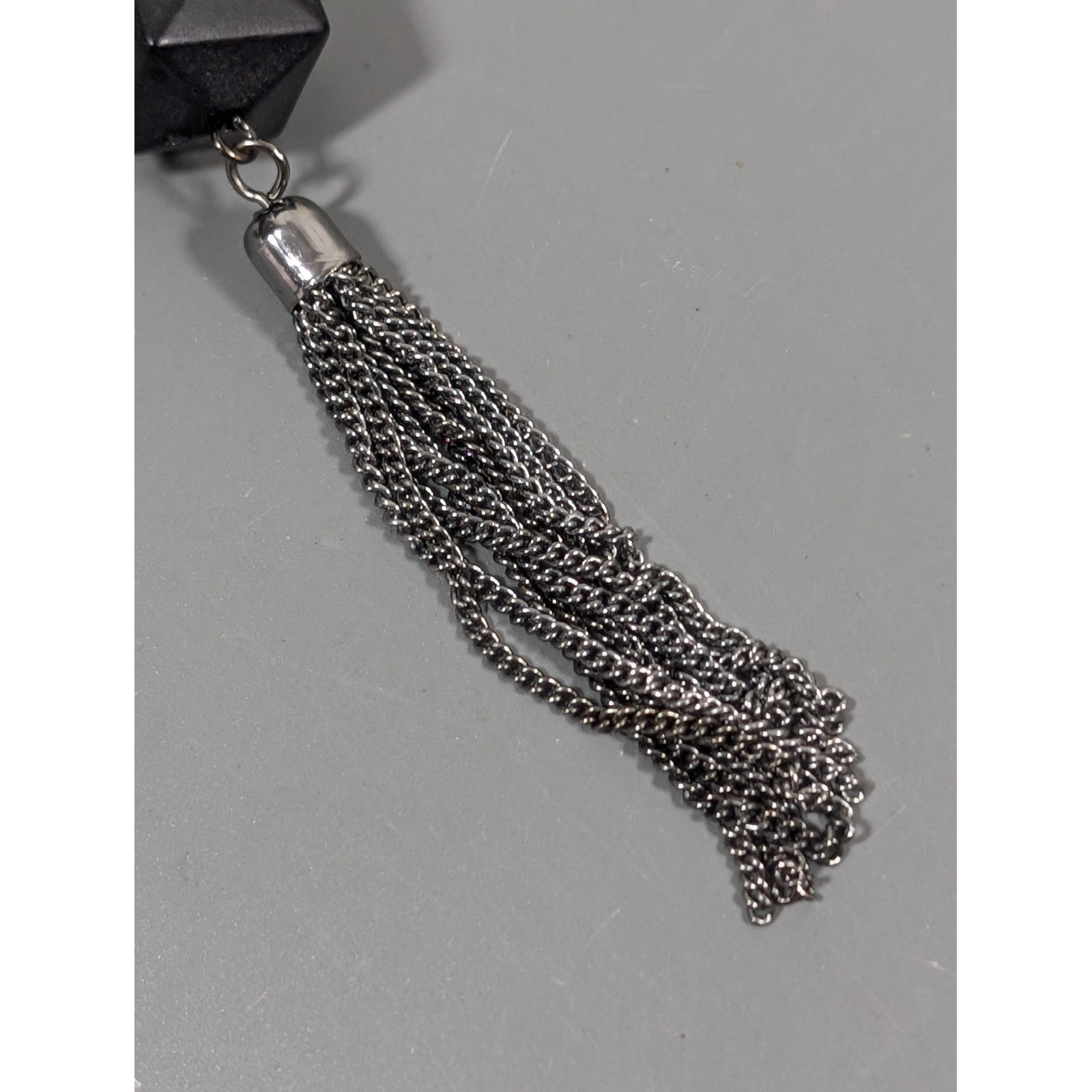 Long Gray Beaded Necklace Tassel Pendant Metallic Acrylic 32″ Layering Statement