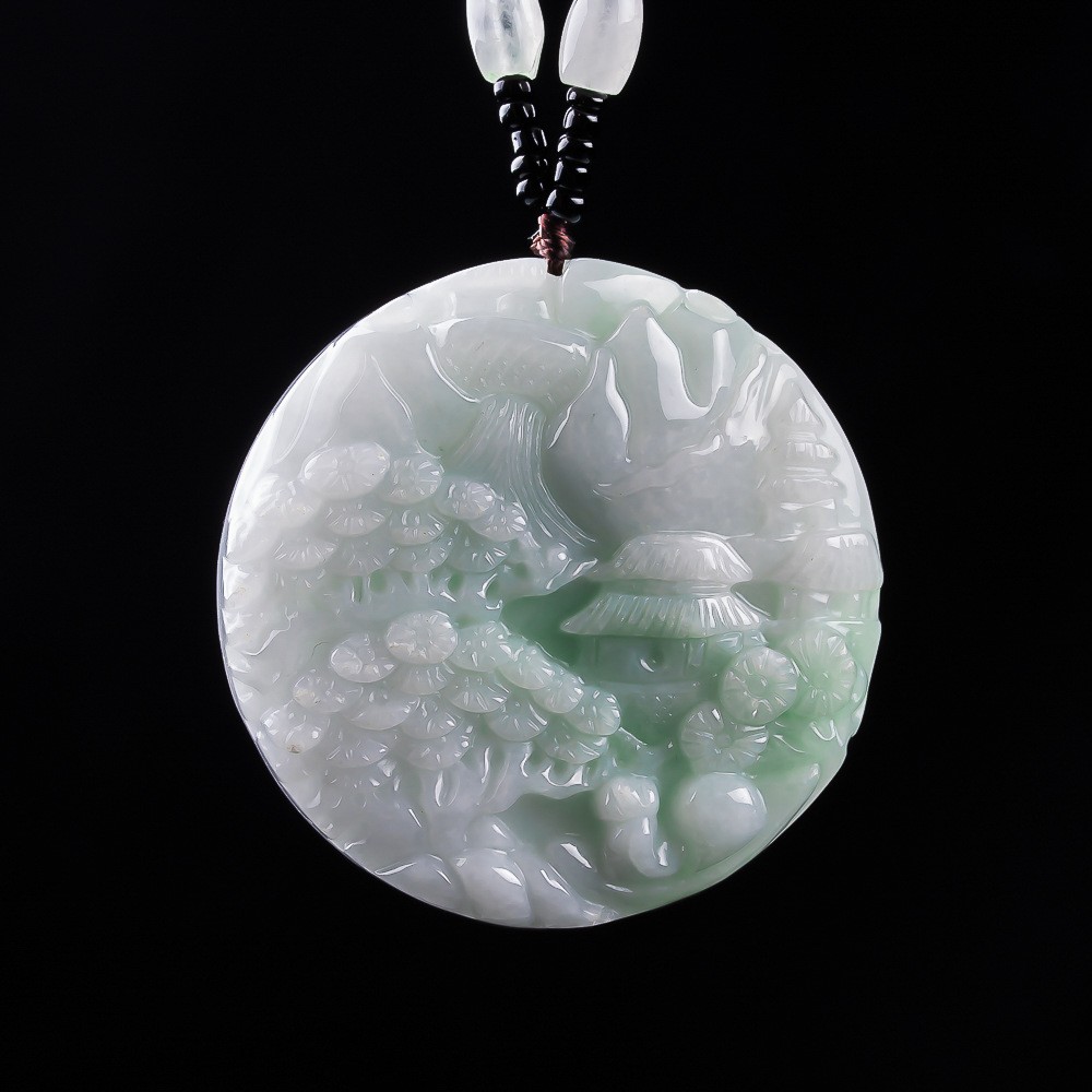 Type A Myanmar Double Sided Round Landscape Jadeite Pendant Carved Jewelry Gift