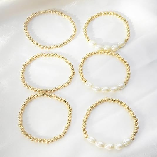 Gold Pearl Beaded Enewton Bracelets for Women,Gold Pearl Stackable Stretch Bead