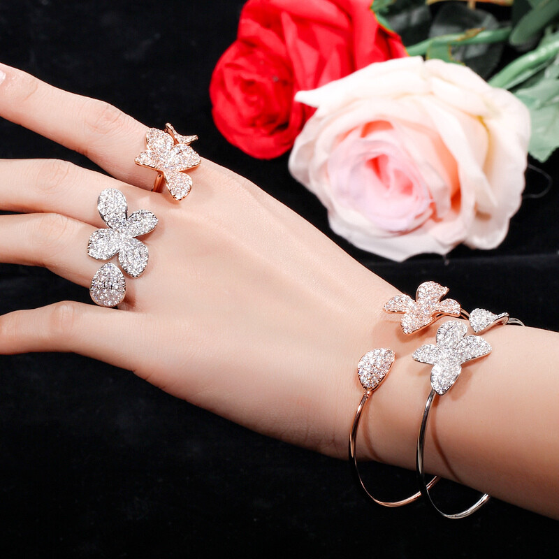 Rose Gold Plated Flower Cuff Bangle Bracelet and Ring Women CZ Party Jewelry Set