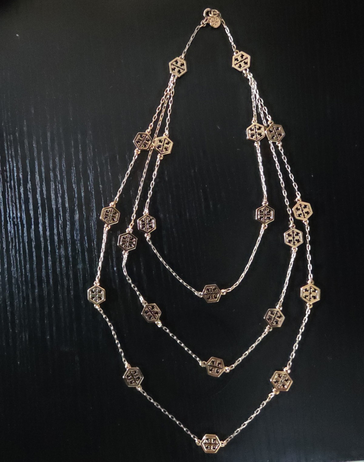 Tory Burch Gold Tone Layered Multi-Strand Cable Chain Necklace Geometric Charm