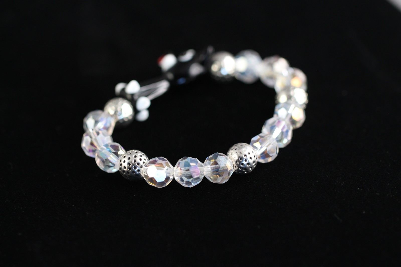 Dog Bracelet Black Lampwork 6.5″ inch Elastic Glass Beads 10mm Faceted Crystal