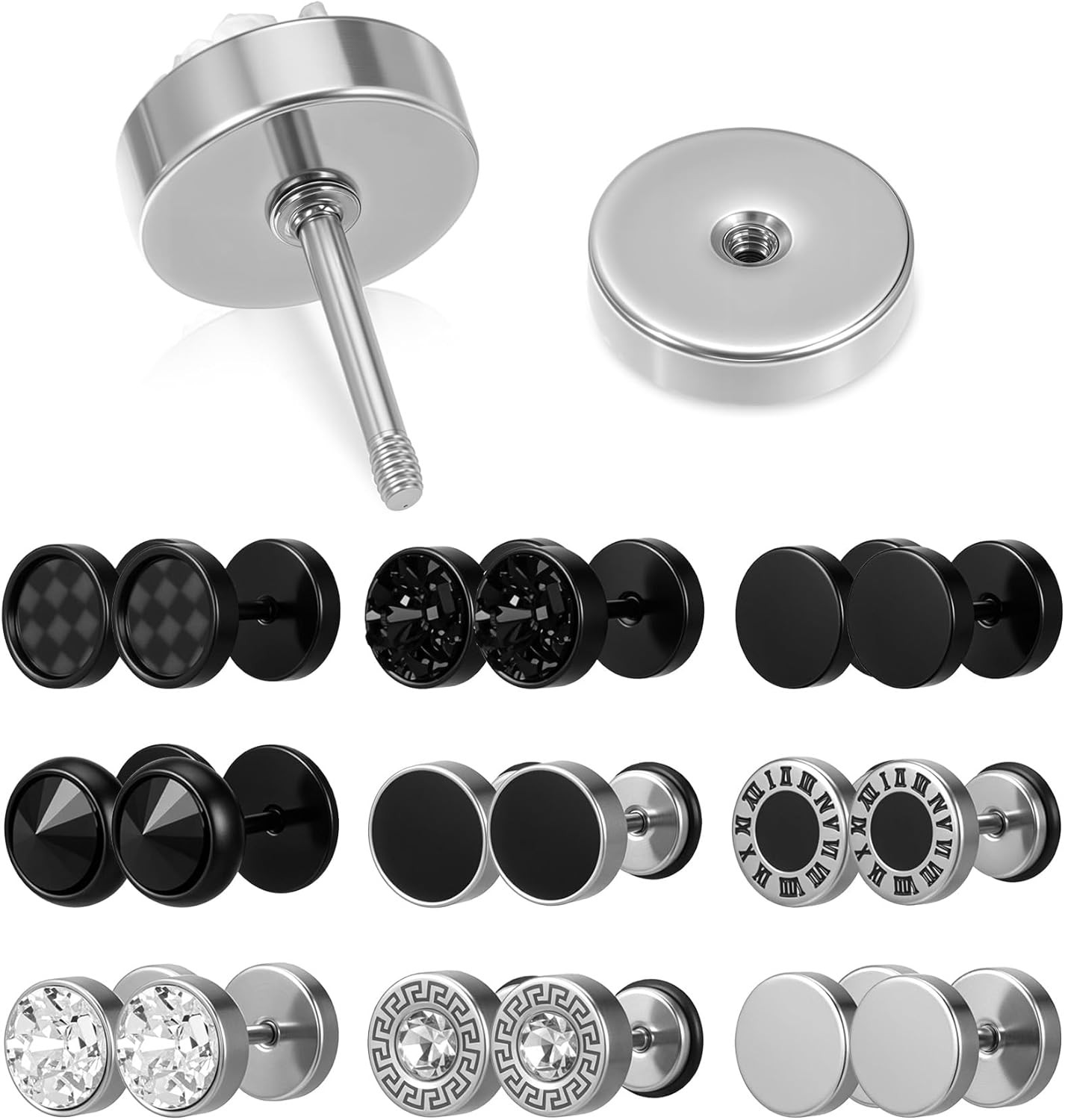 9 Pairs Fake Gauge Earrings Stainless Steel Studs Cheater Plugs Unisex