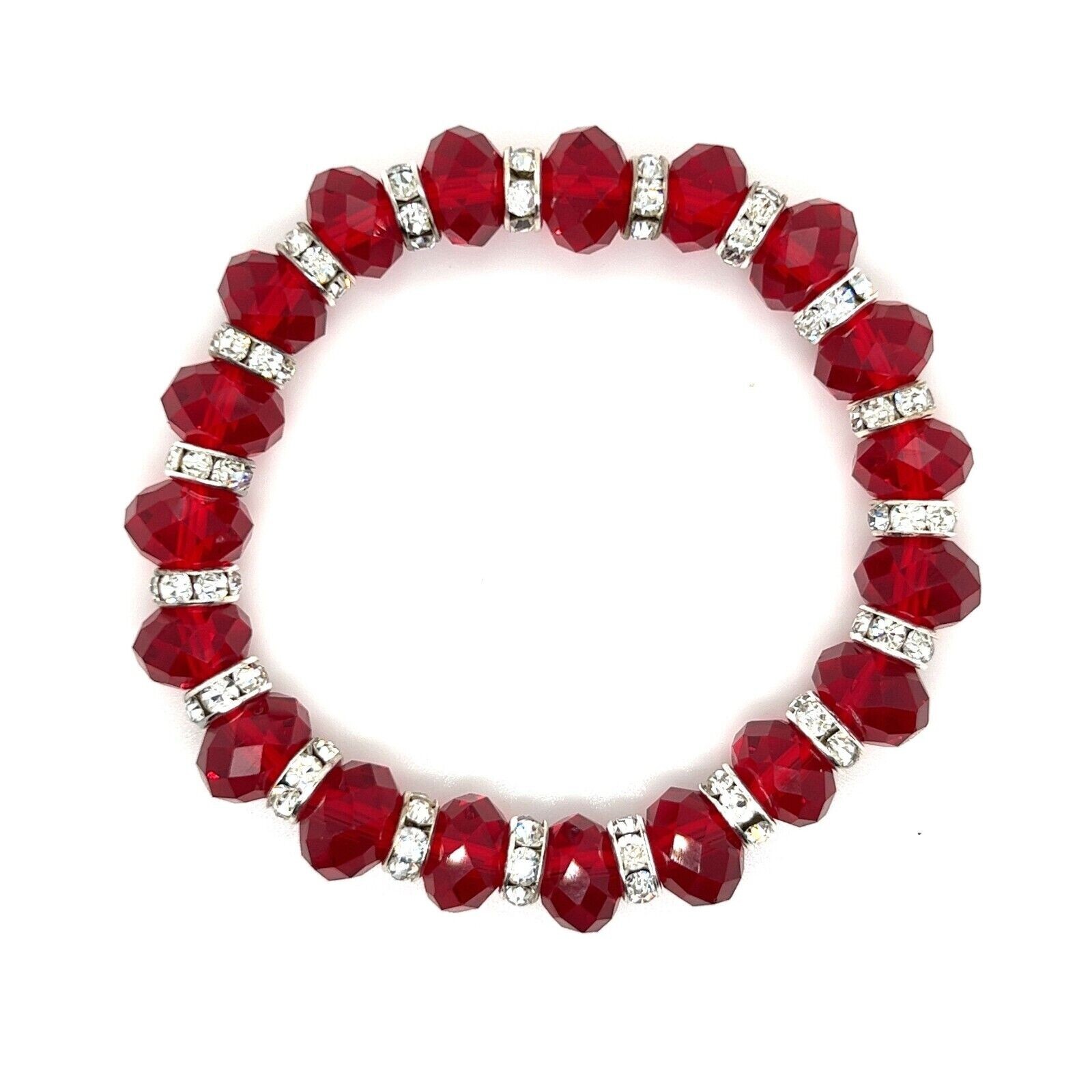 Ruby Red Faceted Resin Crystal Beaded Stretch Bracelet Austrian Czech CZ