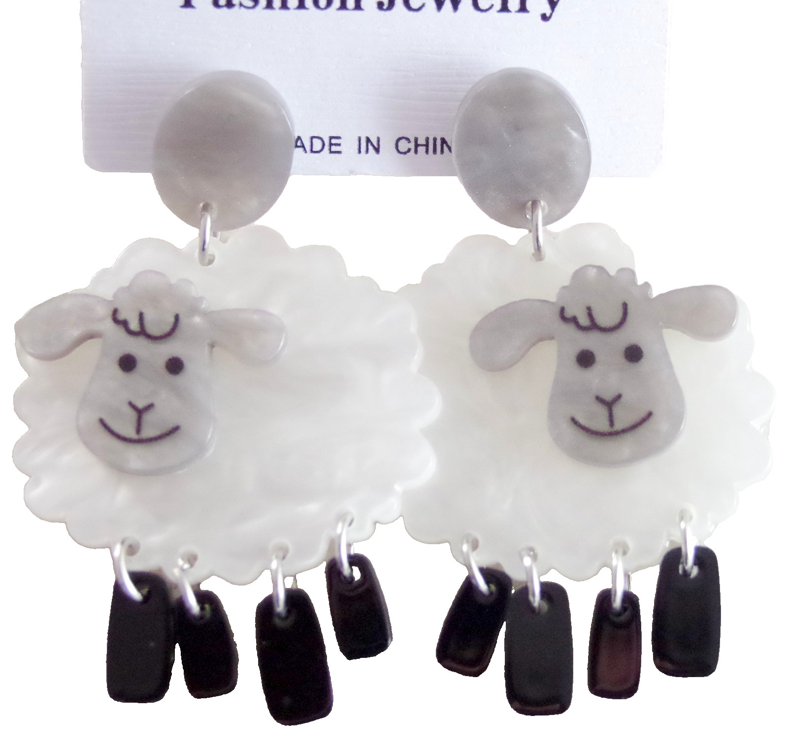 Cute! 2.25″ PEARLIZED LAYERED ACRYLIC SHEEP w/ DANGLE LEGS DROP DANGLE EARRINGS