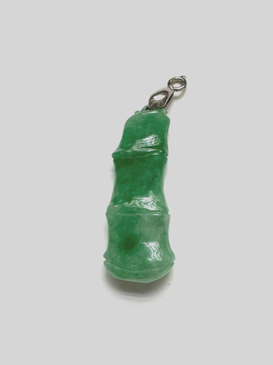 Green Jade Carved Bamboo Stalk Charm Pendant with Silver-Tone Bail