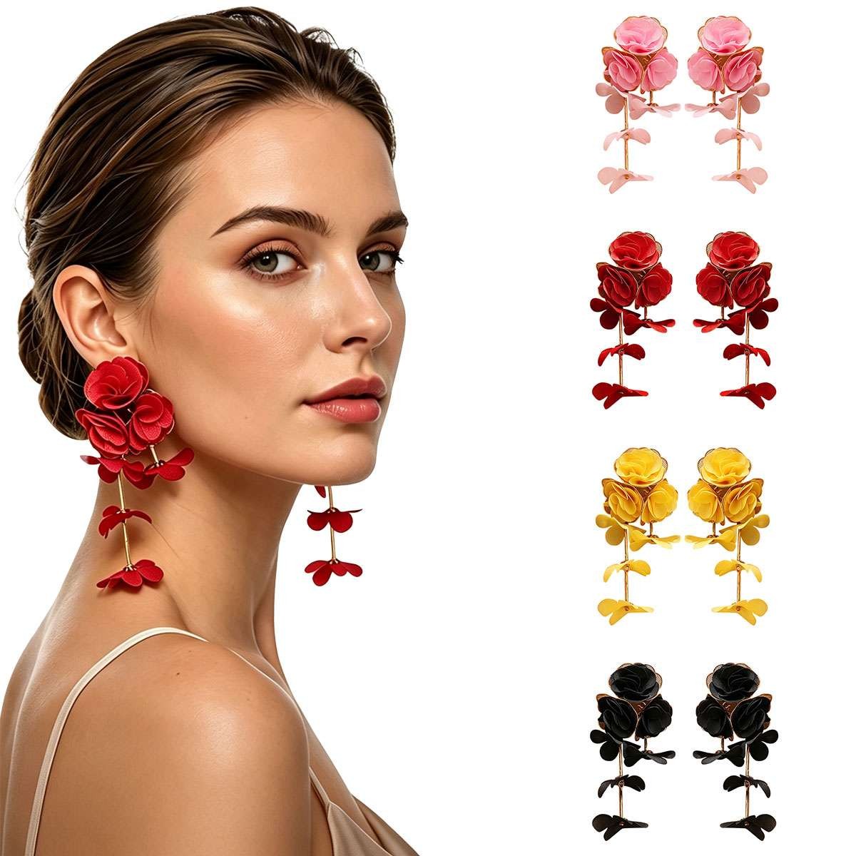 Big Flower Drop Earrings for Women Long Fabric Floral Dangle Earrings Bohem