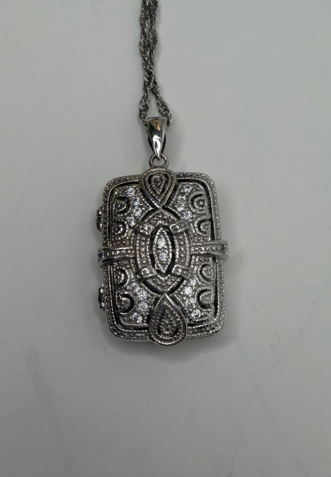 925 Sterling Silver rectangle locket pendant with 16in 18K GP Silver Rope Chain