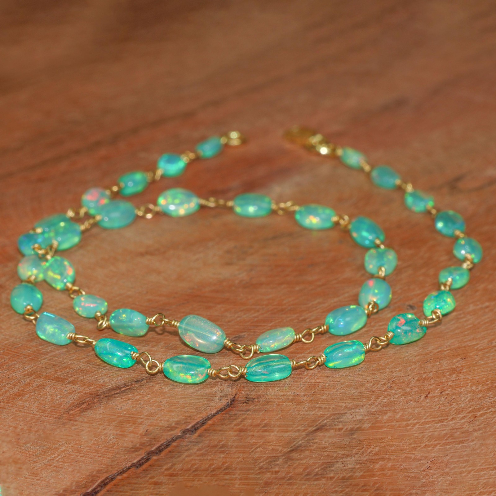 Fire Green Opal Tumble Beads Wire Wrap Necklace, Natural Ethiopian Opal Beaded