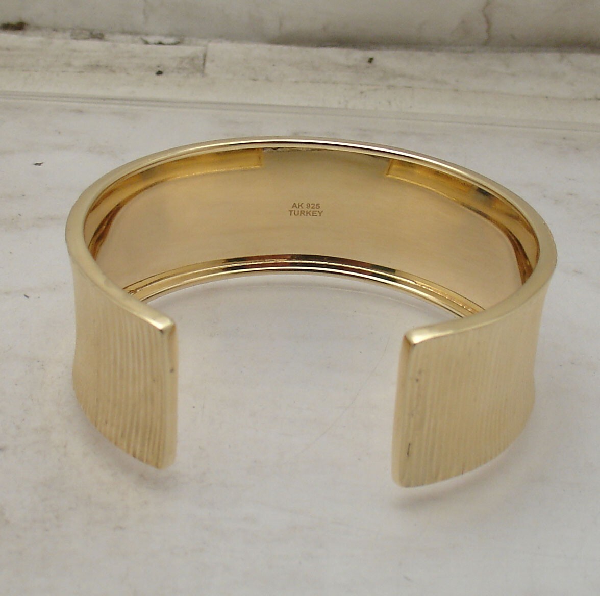 Technibond Bold Diamond Cut Cuff Bangle Bracelet 14K Yellow Gold Plated Silver