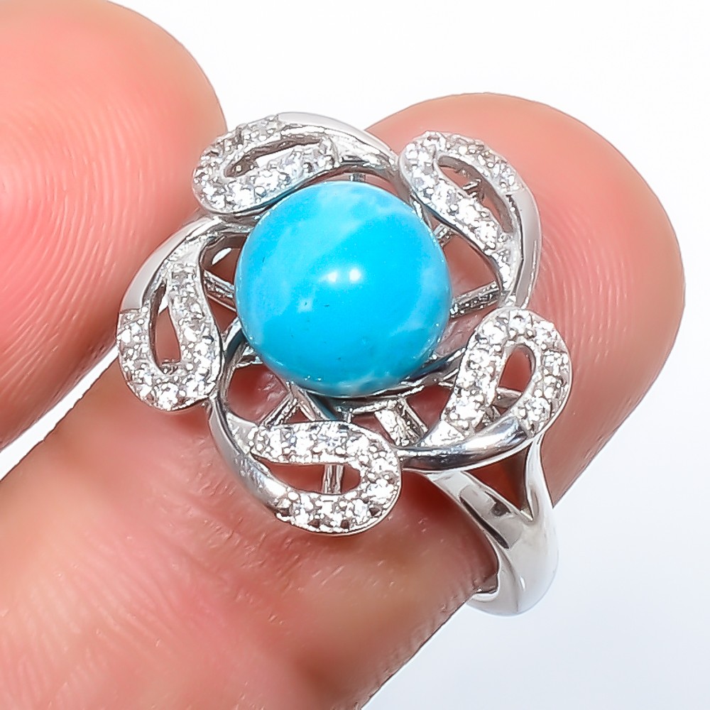 Larimar & White Cz Gemstone 925 Silver Plated Ring Adjustable (74)
