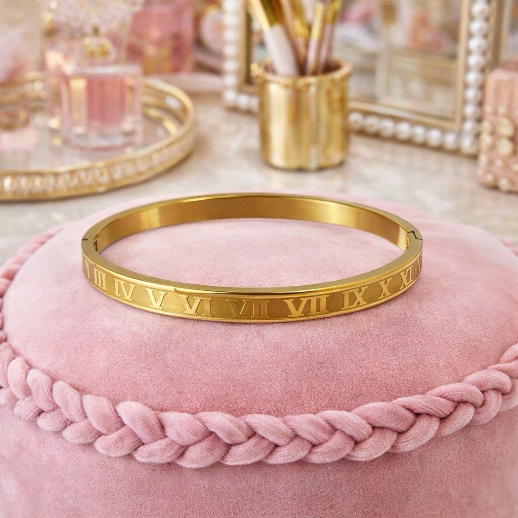 Gold Tone Bangle Bracelet – Roman Numerals Design – Sz 6.5” – Push Lock – 2024