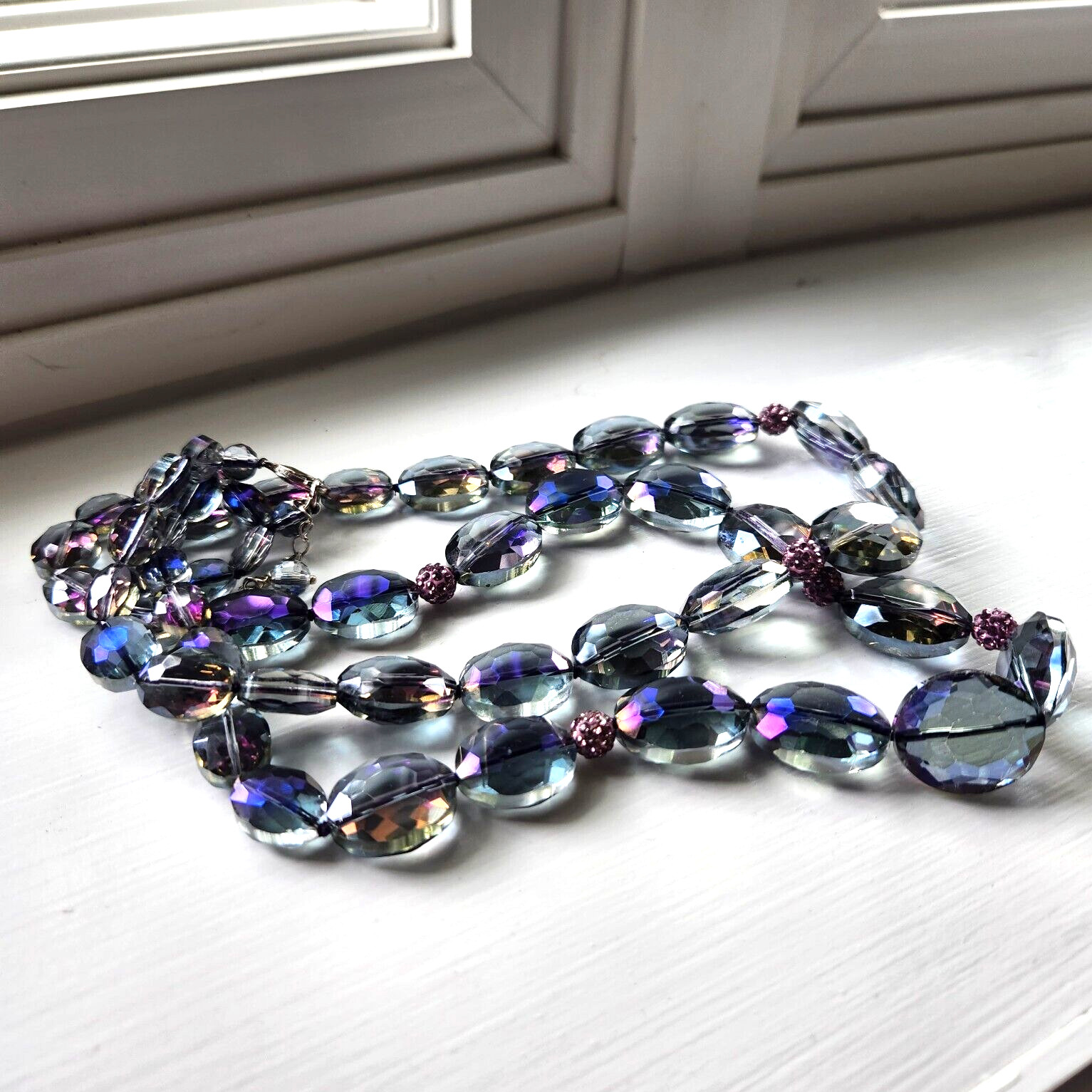 Beaded Necklace Clip Earrings Purple Blue Pink Iridescent Smoky Special Occasion