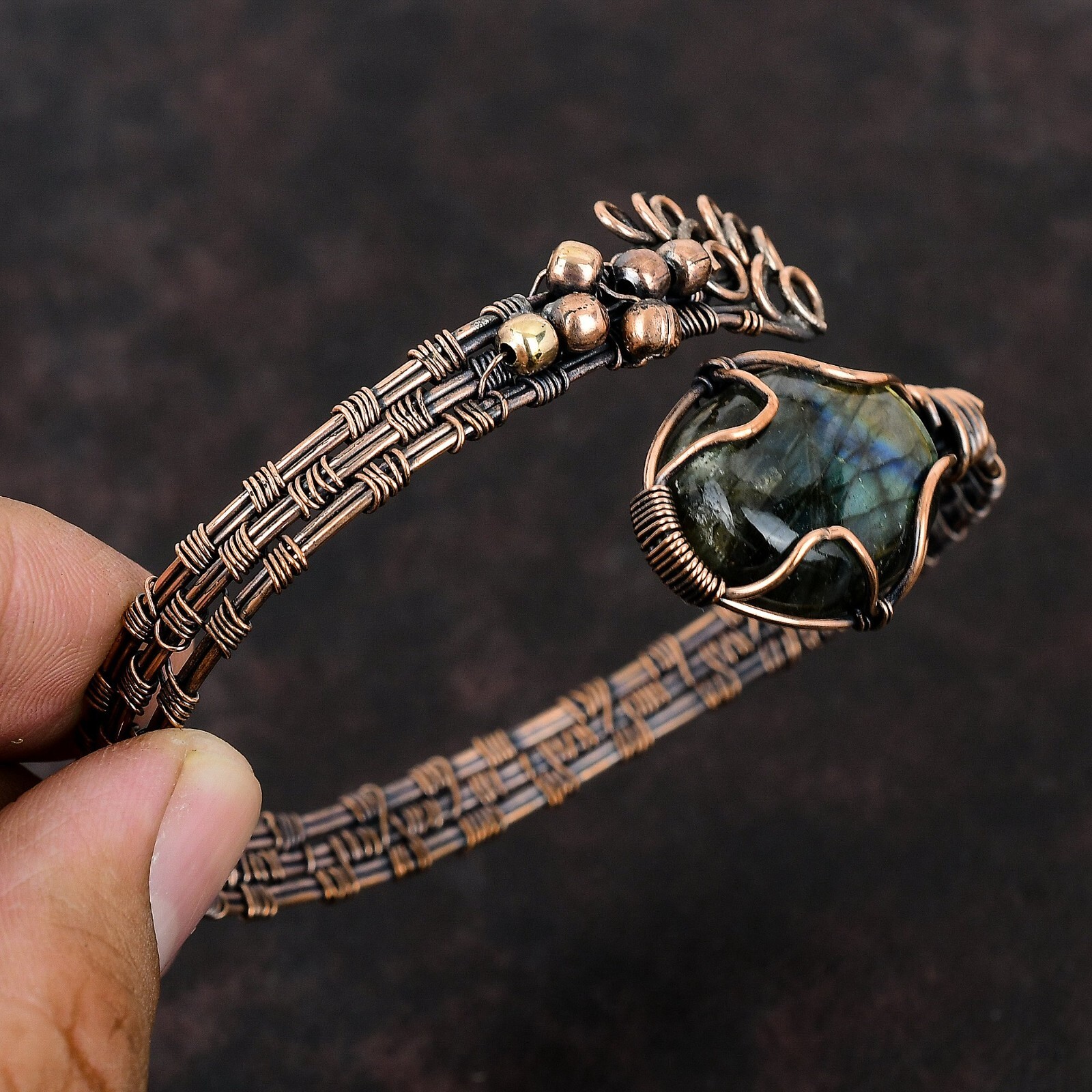 Labradorite Copper Gift For Bridesmaid Wire Wrapped Adjustable Bangle