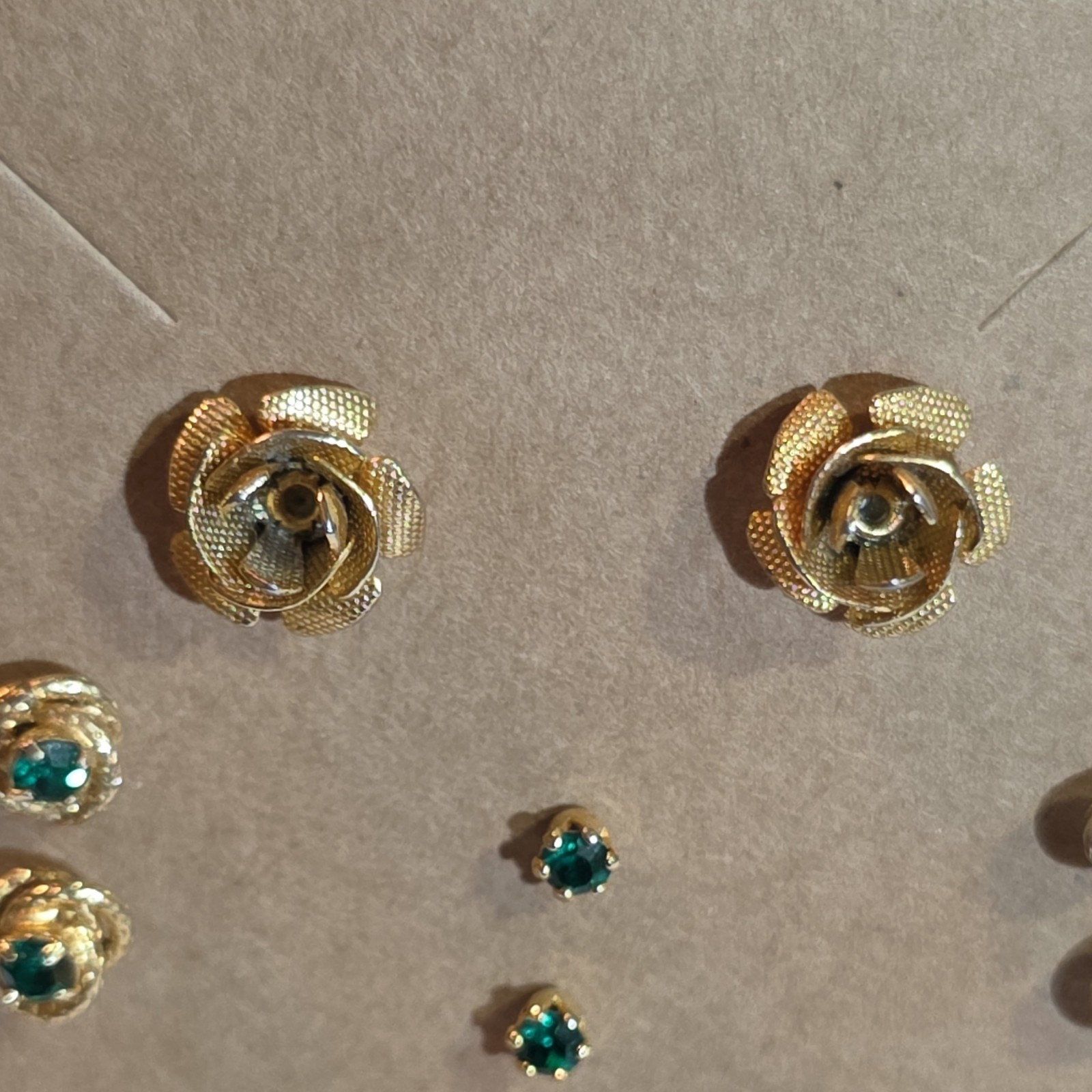 Gold Tone Rose Stud Earring Set & Matching Green/Blue Stone Earrings