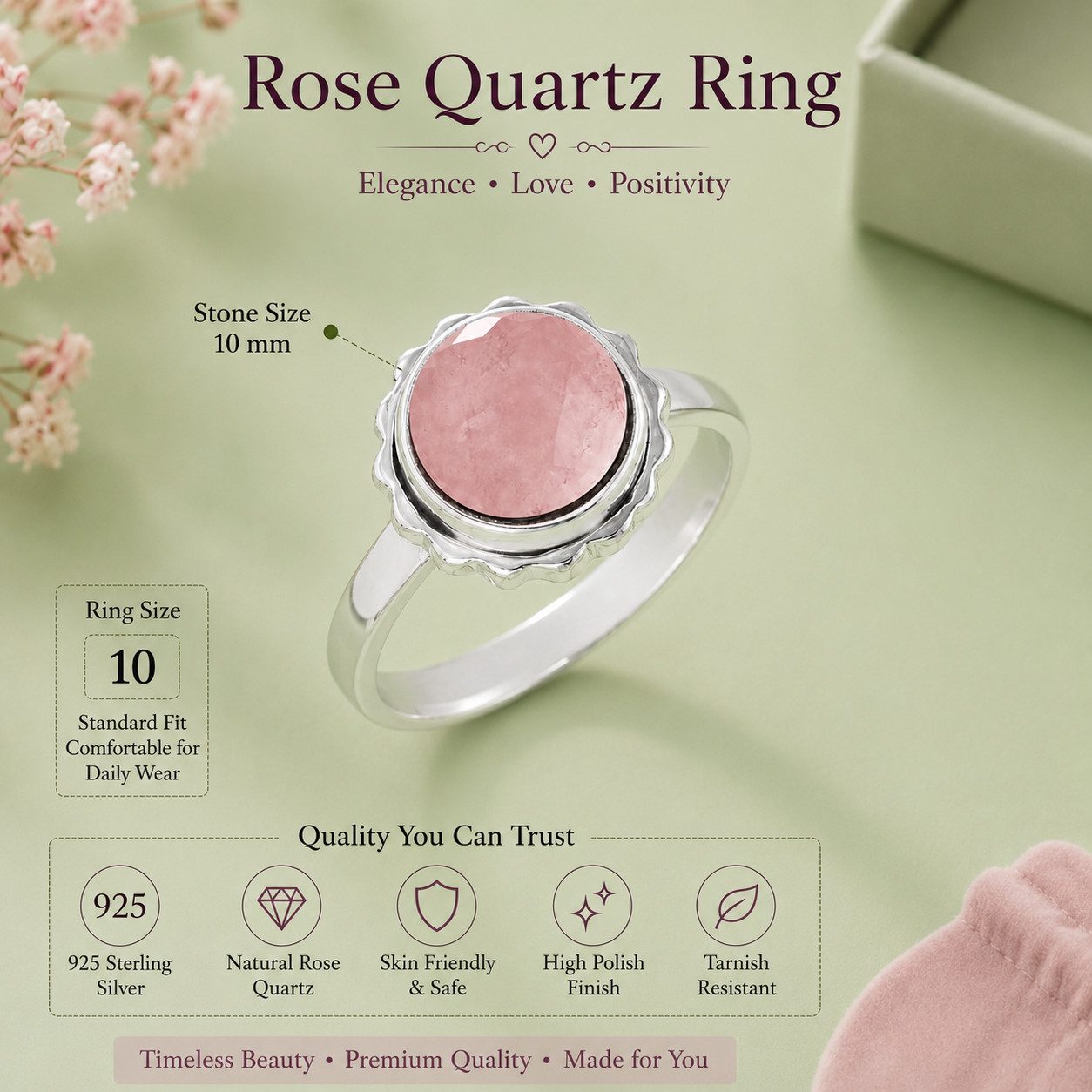 925 Sterling Silver Rose Quartz Round Gemstone Ring Handmade Women’s Jewelry