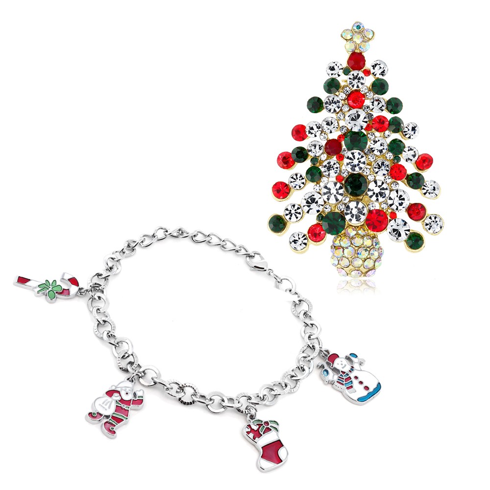 Holiday Gift Set 7 Inch Santa Snowman Charm Bracelet and Decorated Tree Brooch