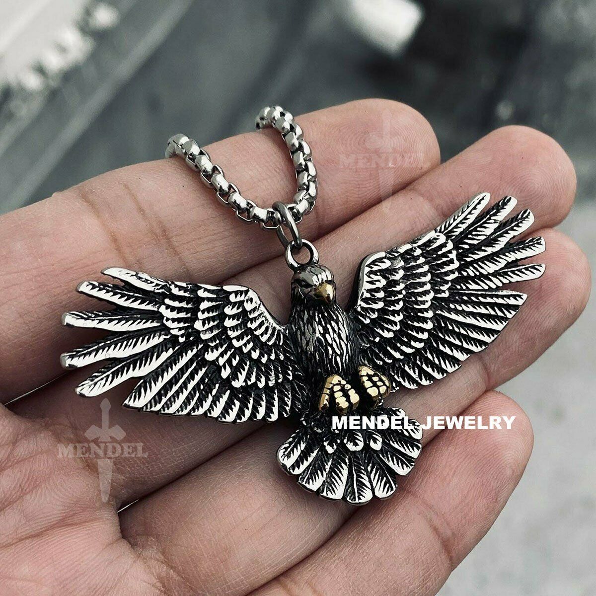 MENDEL Mens Stainless Steel Biker Bald American Eagle Chain Necklace Pendant Men