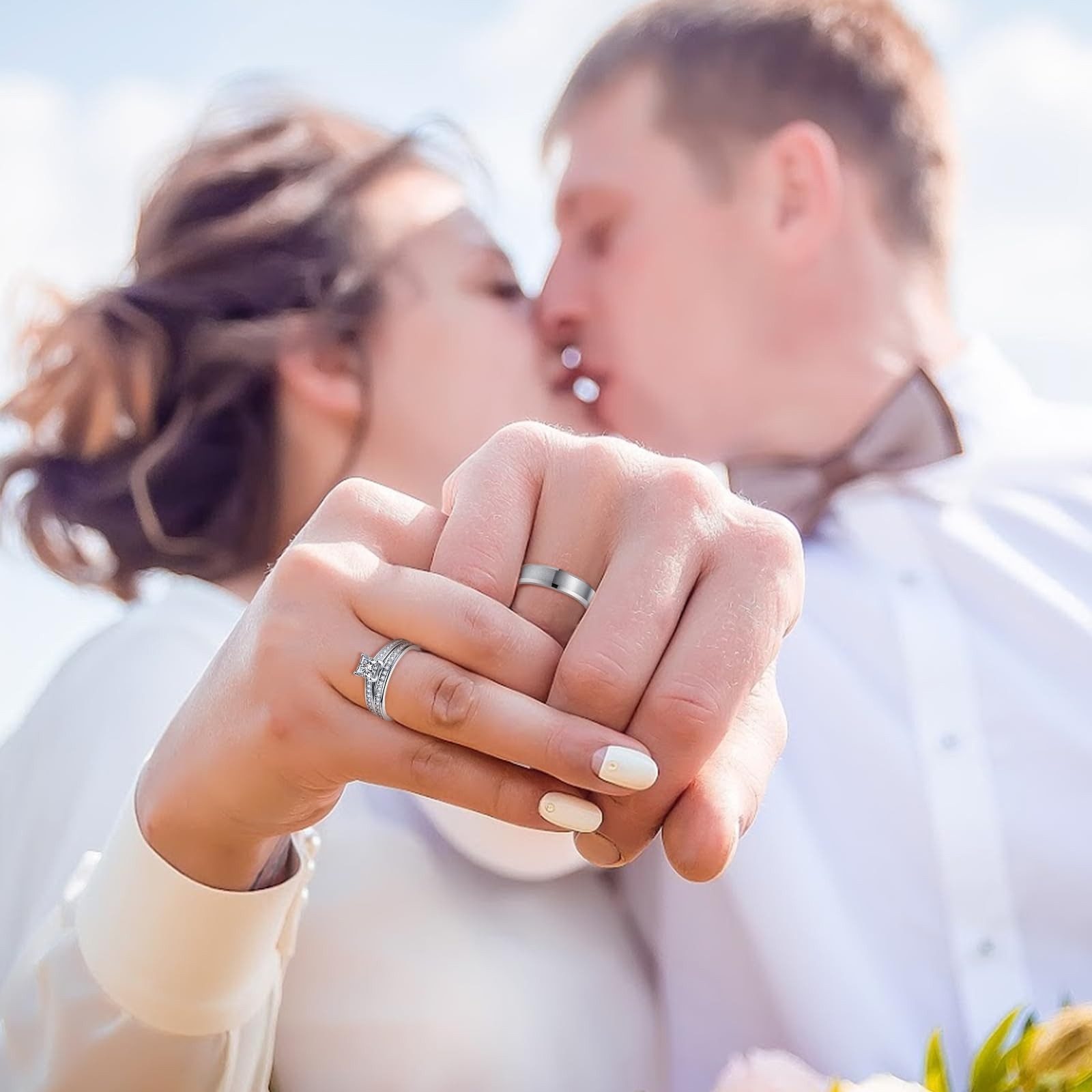 Promise Rings for Couple – Princess Cut Fake Engagement Ring Set & Men’s Tung…