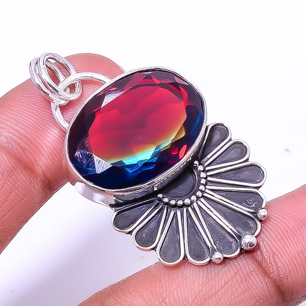 Bi-Colour Tourmaline Oxidised Designer 925 Sterling Silver Pendant 1.76″ P70