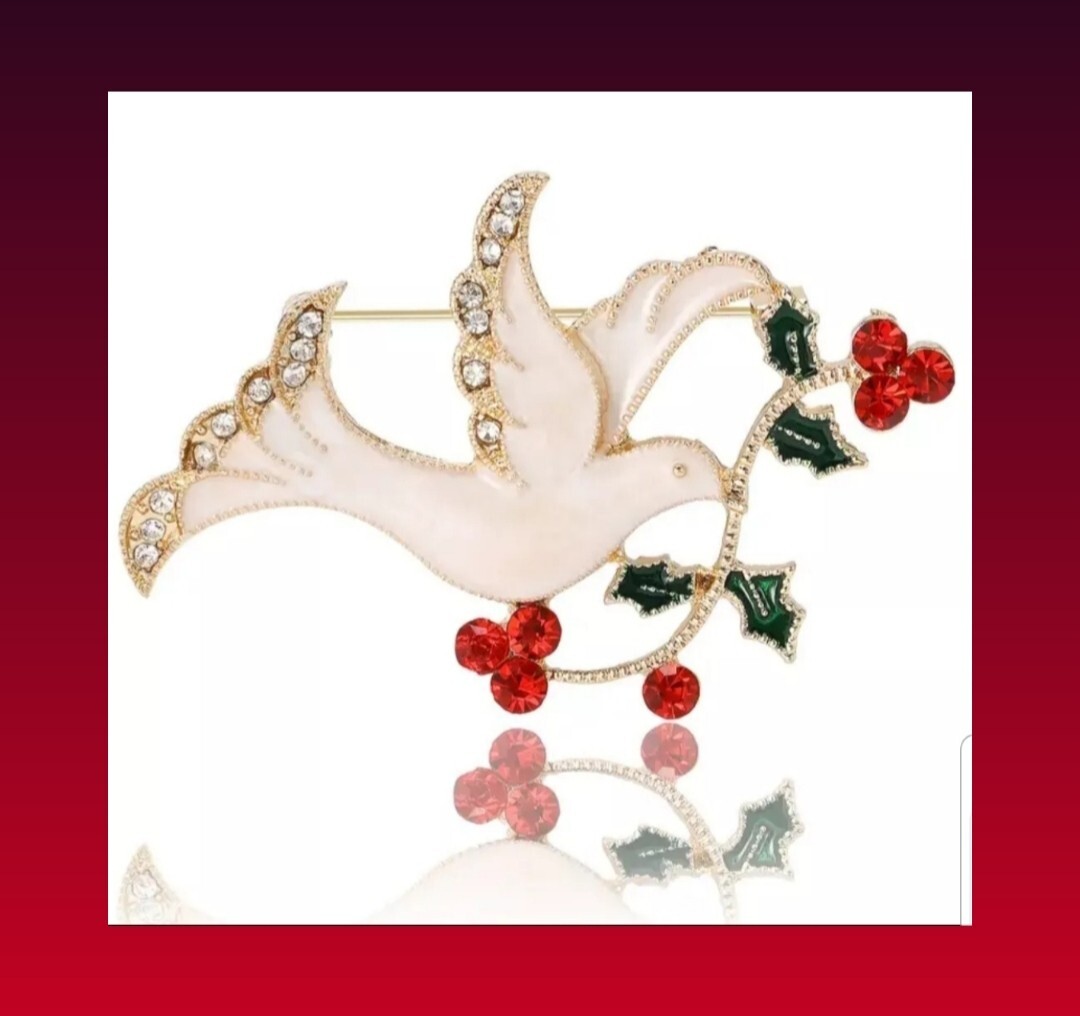 WHITE DOVE OF PEACE SIGN~EASTER ANGEL~ENAMEL & RHINESTONE PIN BROOCH~VINTAGE-D