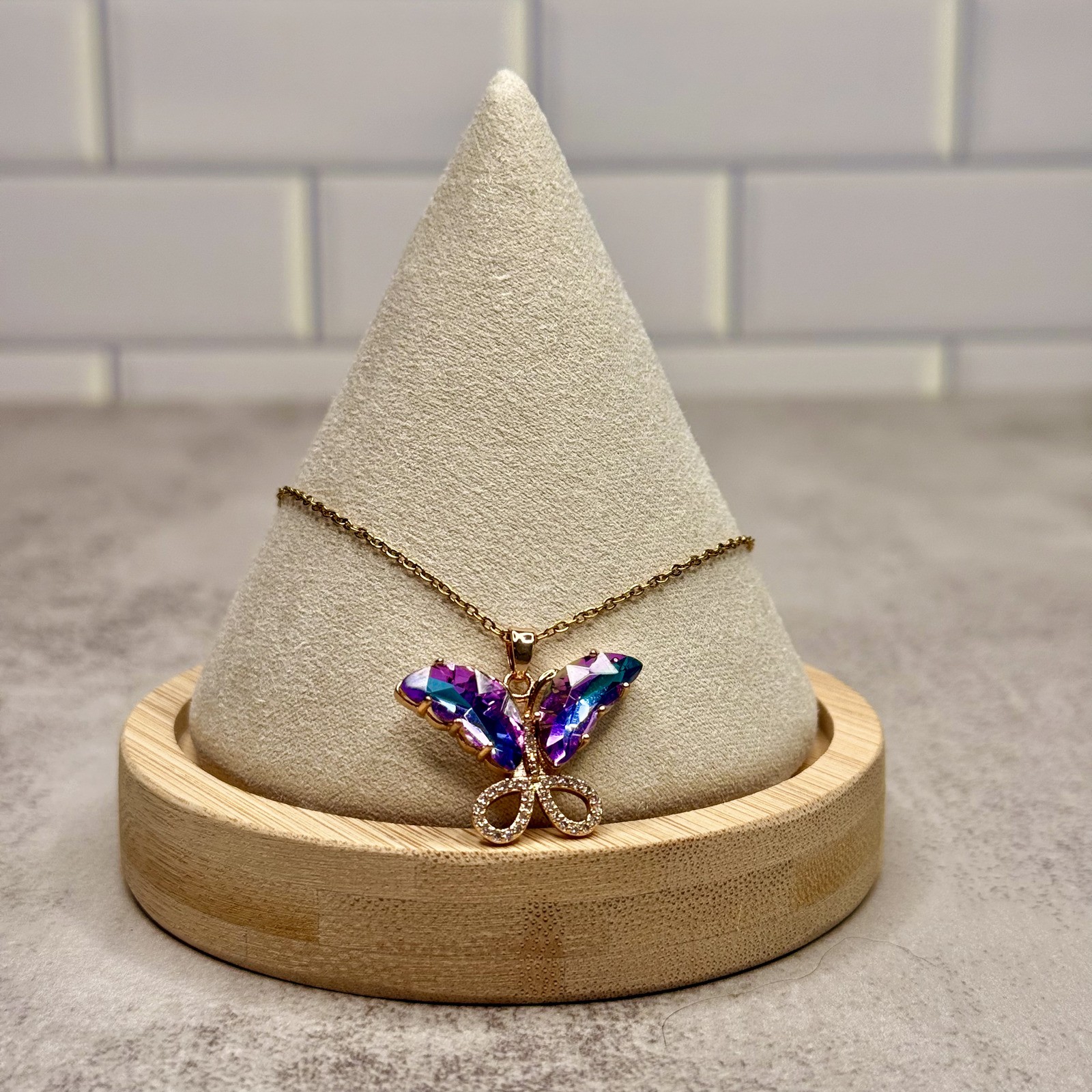 Aurora Purple Crystal Butterfly Pendant with Free Gold Tone Chain