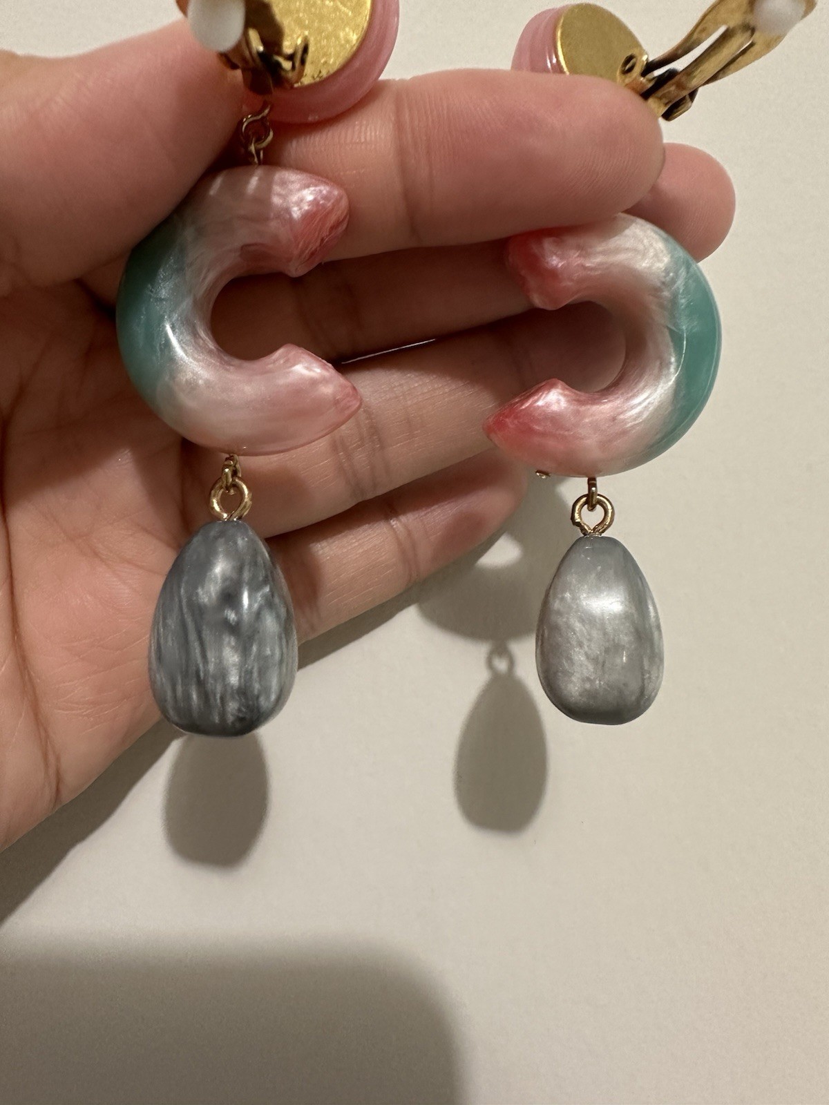 Pink & Mint Marbled C-Shaped Clip-On Earrings Statement Dangle Earrings
