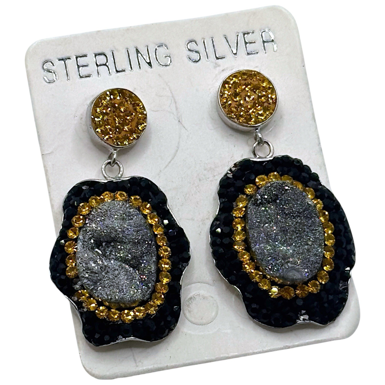 NEW Sterling Silver Druzy Crystal Hang Earrings Special Occasion Luxury Sparkle