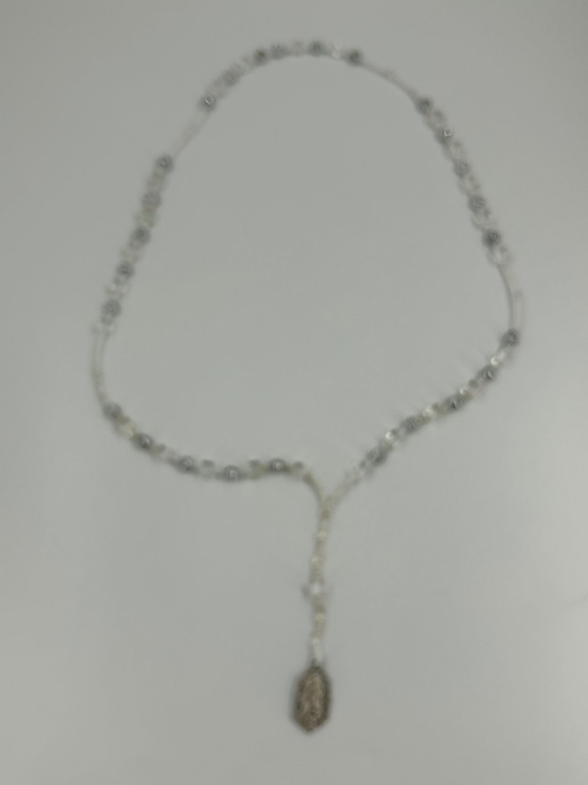 Vintage Religious Rosary Necklace Silver Tone ClearGlass Beads 27 Inch