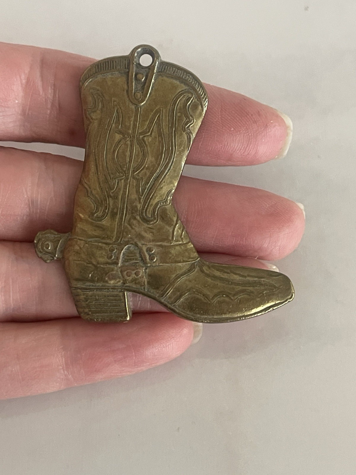 Vintage Western Cowboy Boot w/ Spur Solid Brass Pendant Jewelry 2″ 80’s