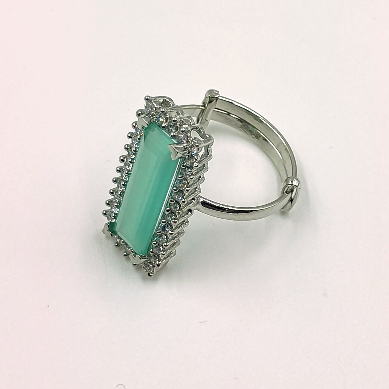 Elegant Aqua Chalcedony CZ Cocktail Ring Adjustable White Plated Boho Jewelry