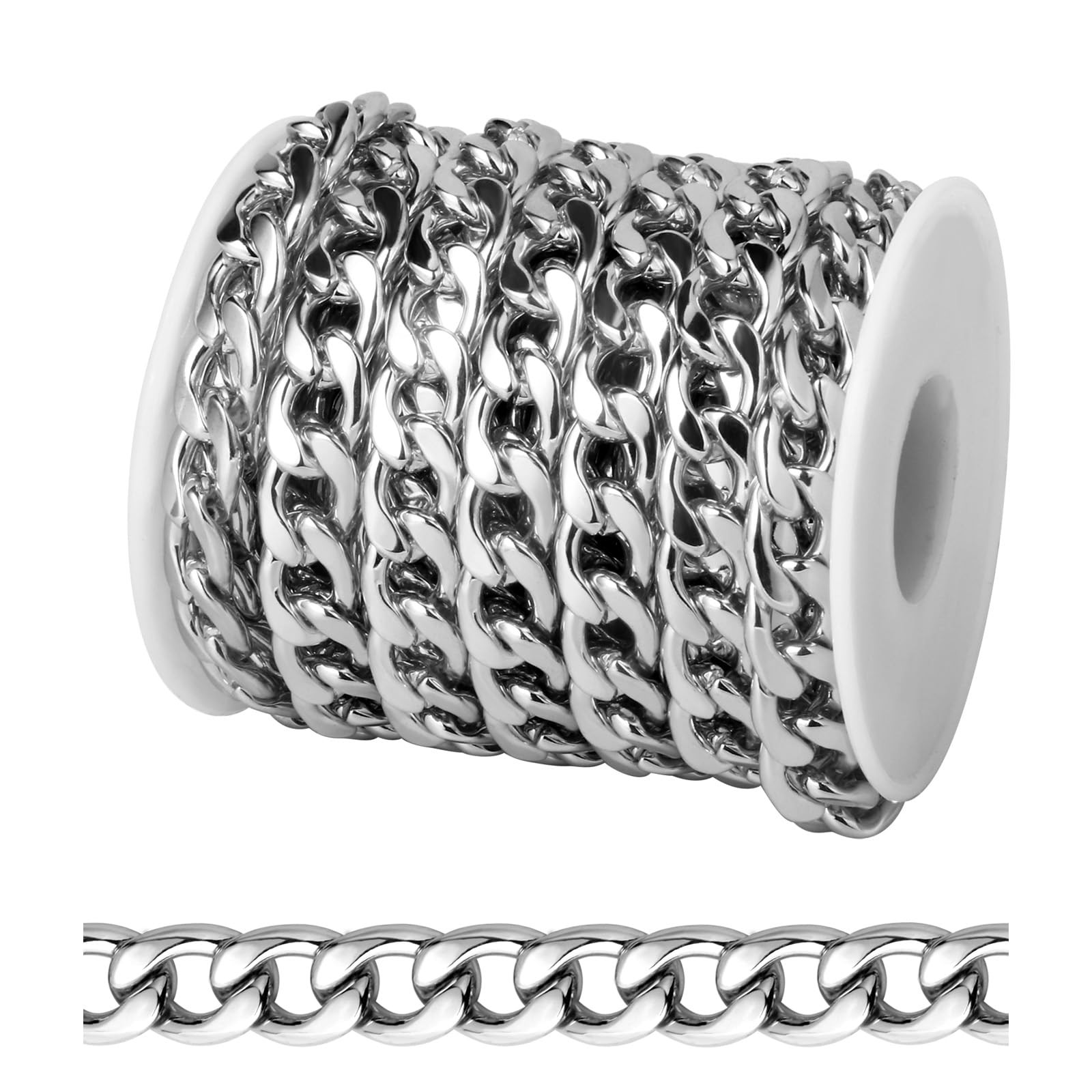 [16.5 FT] Silver Curb Chains for Jewelry Making, 9.8Mm Wide 304 Stainless Steel