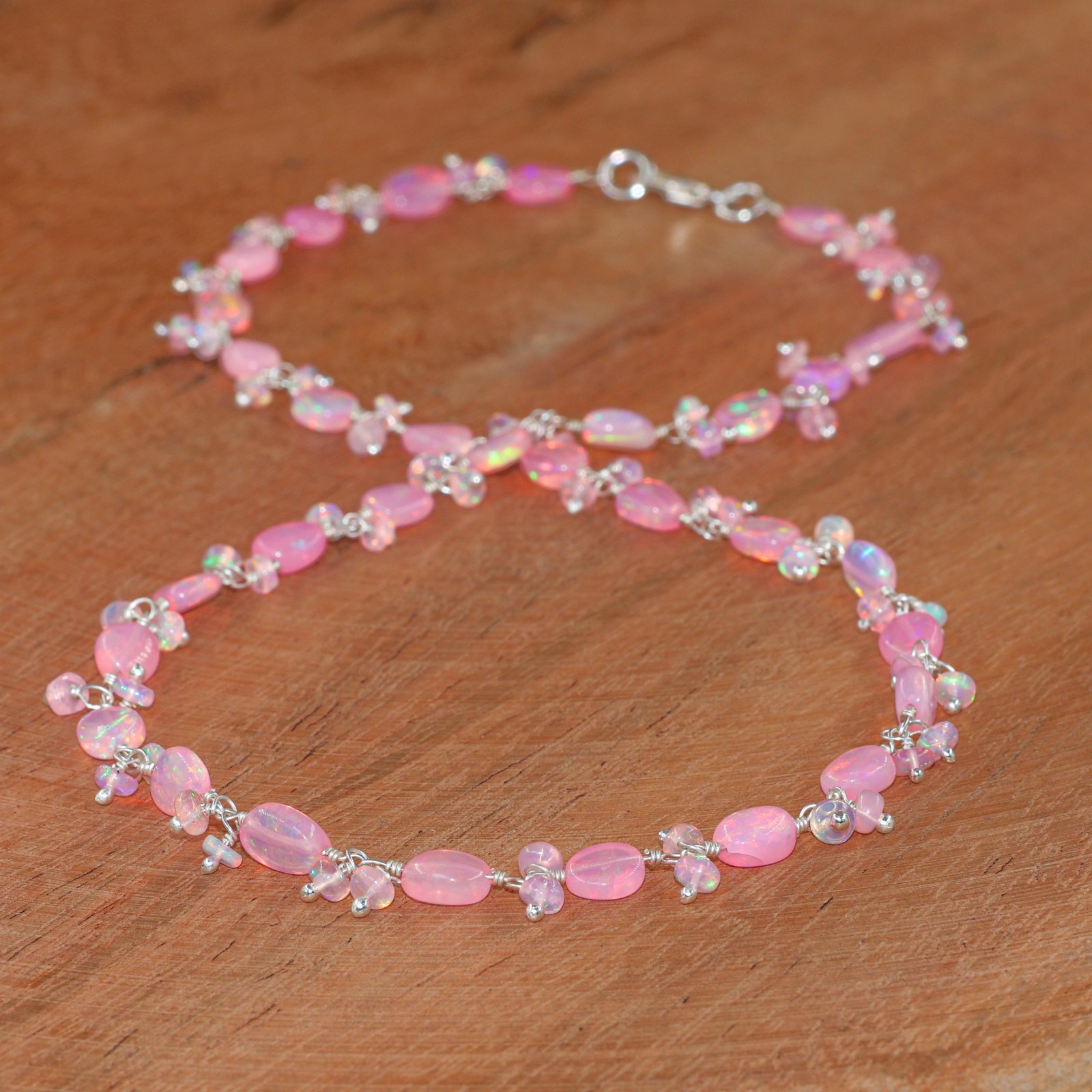 Pink Fire Opal Gemstone Tumble Beads Necklace, Natural Pink Opal Beads Necklace