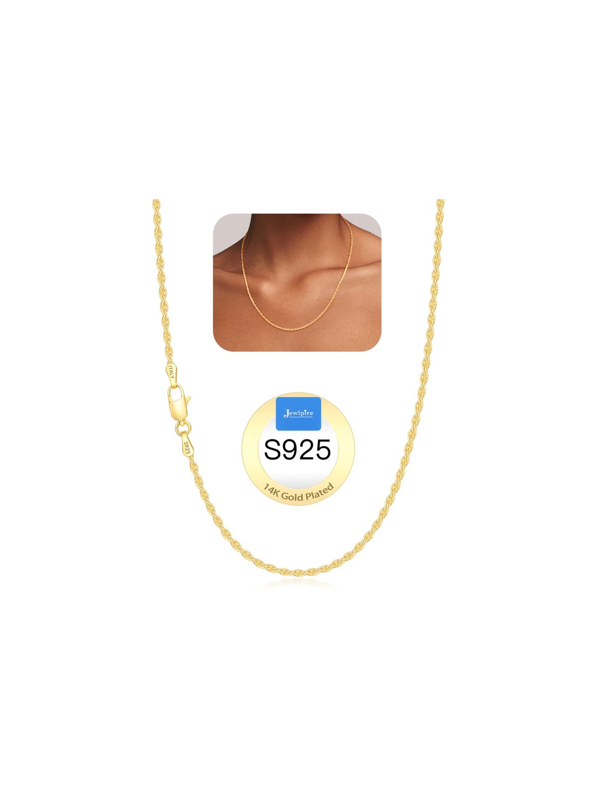 Jewlpire 14K Gold Plated Chain Necklace For Women 2Mm Rope Chains 14K Gold