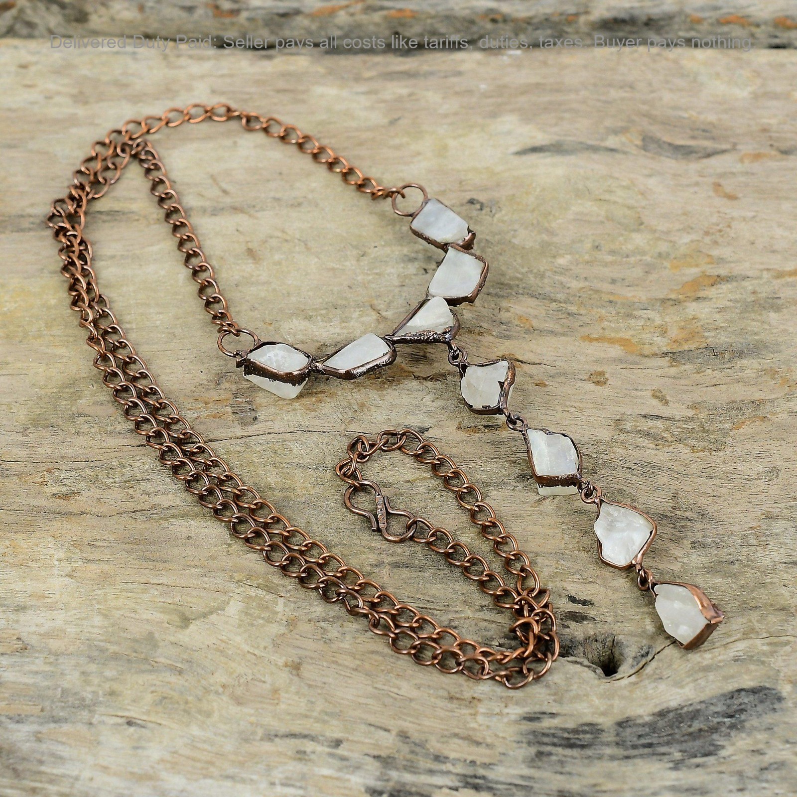 Rainbow Moonstone Rough Stone Ethnic Chain Electroformed Necklace Jewelry Copper