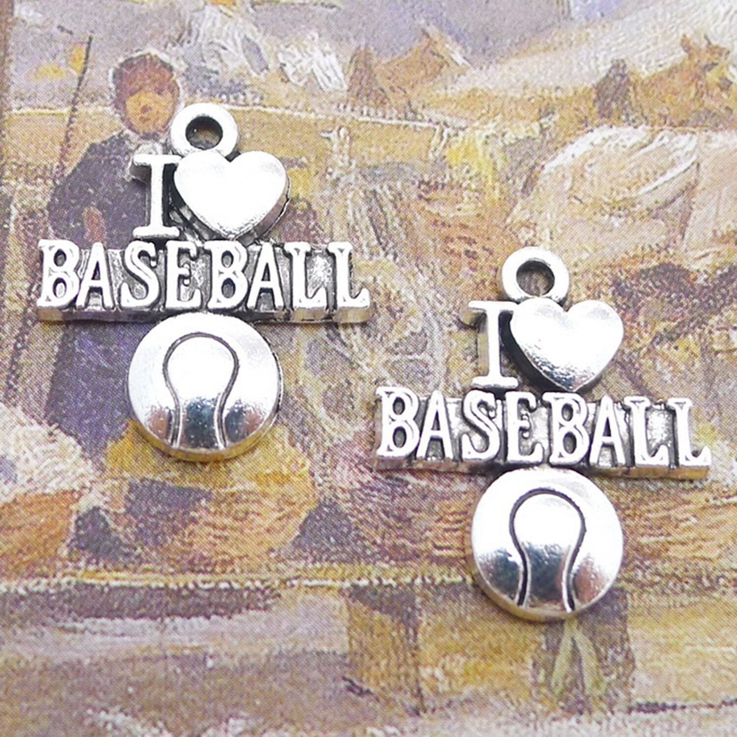15 or 40PCS, Antique Silver I Love Baseball Charm Pendant, Sports Charm Pendant