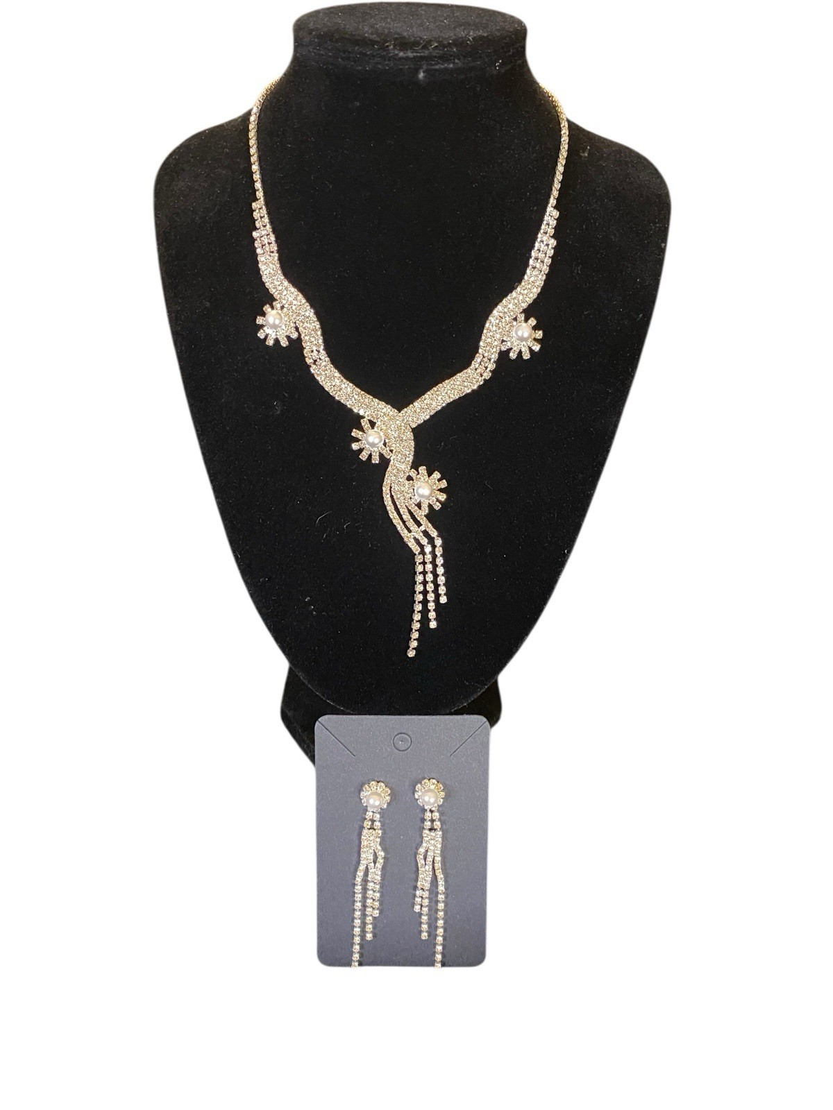 Rhinestone and Faux Pearl Tassle Earrings and Necklace Set, Beauty Pageant ￼