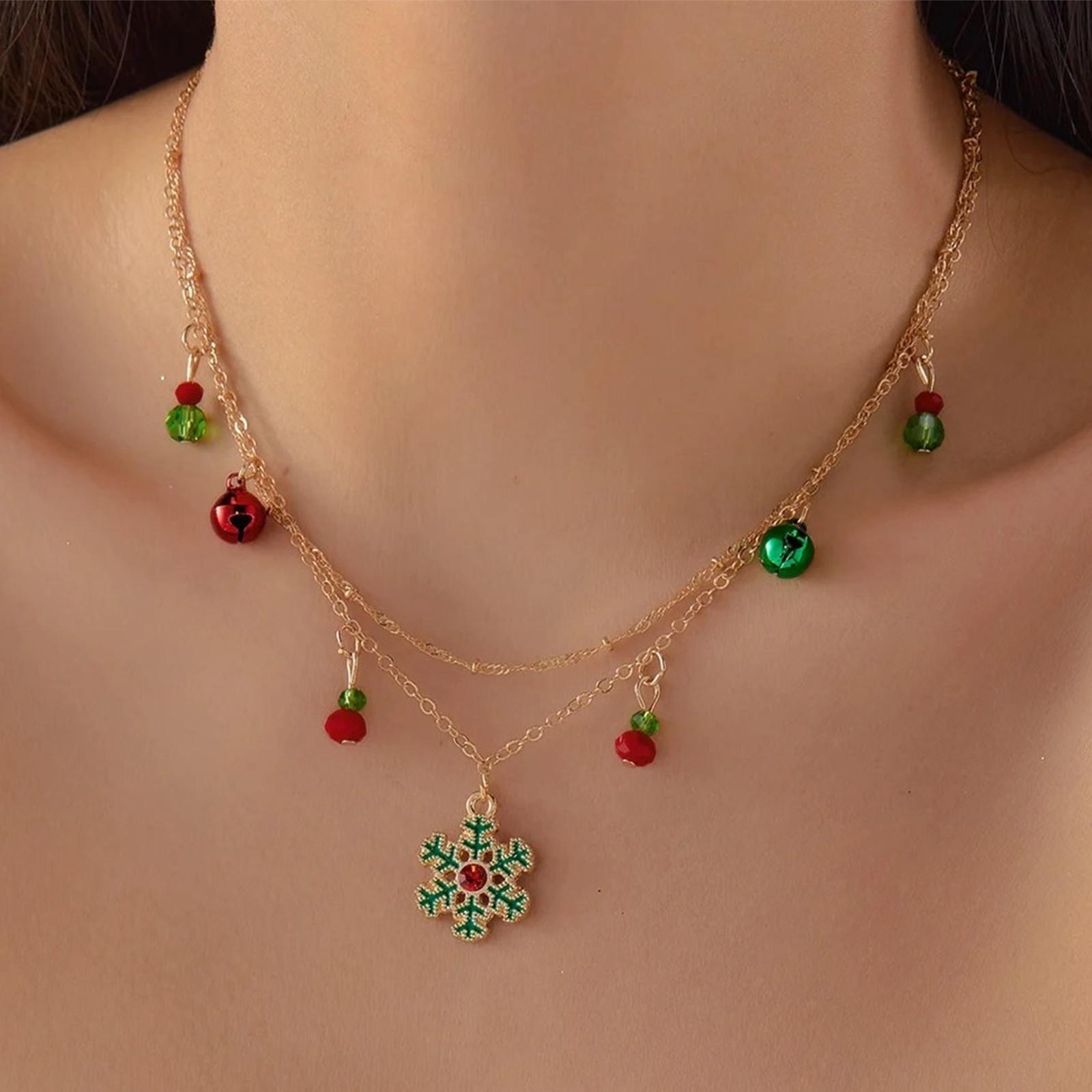 Snowflake Pendant Necklace Women Double Layer Chain Holiday Christmas Gift