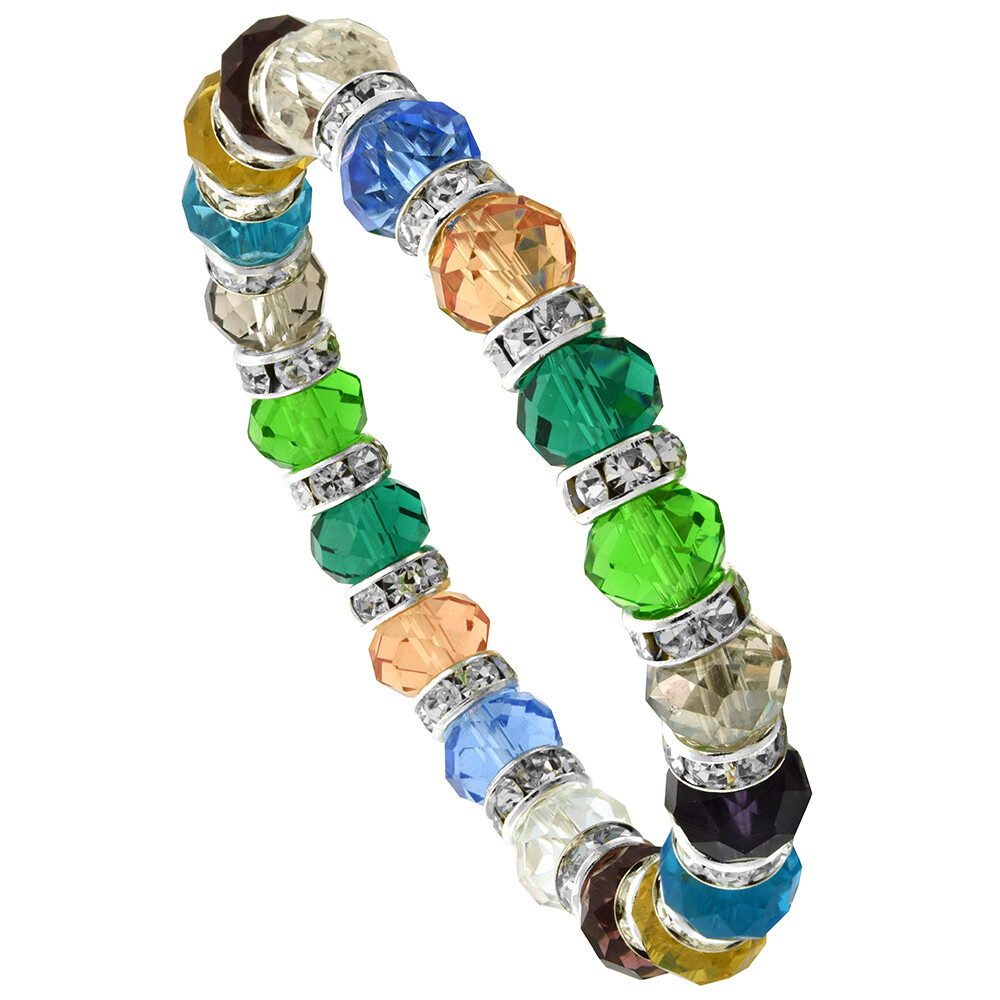 7 in. Multi Color Faceted Glass Crystal Bracelet on Elastic Nylon Strand
